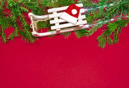 Merry Christmas or New Year decoration red backgroundの写真素材