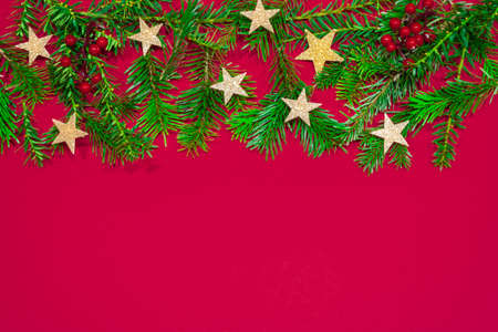 Merry Christmas or New Year decoration red backgroundの写真素材