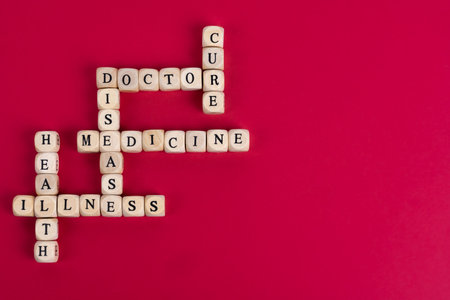 Different words on the topic of Corona, laid out of small wooden cubes with letters, like a...