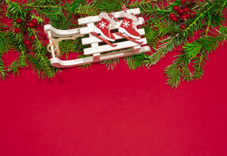Merry Christmas or New Year decoration red backgroundの写真素材