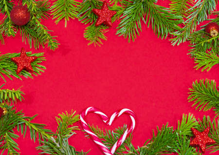 Merry Christmas or New Year decoration red backgroundの写真素材