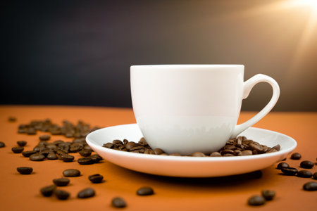 A cup of creamy coffee with roasted coffee beansの写真素材