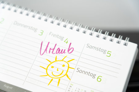 The entry of the German word for vacation and the drawing of a smiling sun in a desk calendarの写真素材