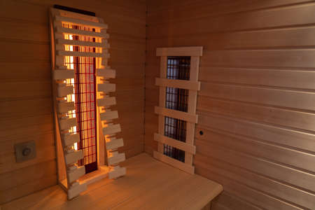 Interior of a private infrared sauna cabinの写真素材