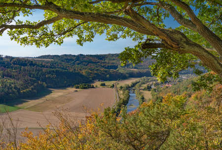 View of the river Eder from the lookout point Hagenstein on a summer day, near the famous lake Edersee, Germanyの写真素材