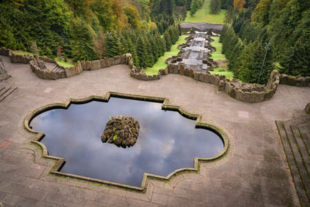 The stairs with its water basins of the famous water features in the Bergpark in Kassel, Germany, October 13th, 2020のeditorial素材