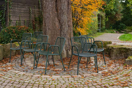 Lots of empty green metal chairs around a tree trunkの写真素材