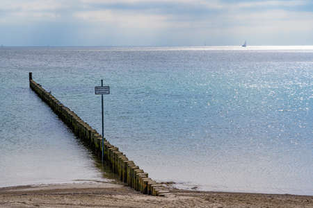 Wooden piles as breakwaters in the Baltic Sea on a calm day at seaの写真素材
