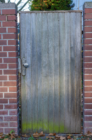 Locked wooden door in a wall to a gardenの写真素材