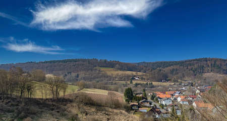 The small town of Wallenstein at the foot of the famous Wallenstein castle ruin in Germanyの写真素材
