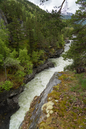 View to the Sletta waterfall in Romsdalen, Norwayの写真素材