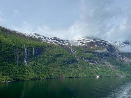 Beautiful fjord landscape with water falls in Norwayの写真素材