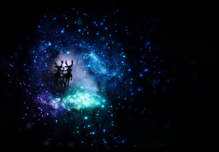Santa's sleigh flies in the sky with his reindeer, colorful stars twinkle in the skyの写真素材