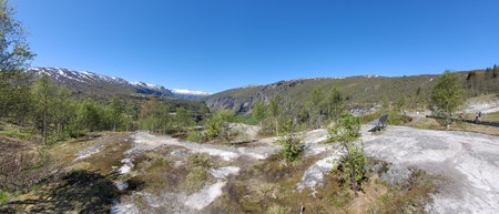 Beautiful landscape at Voringsfossen waterfall in Norway, sunny dayの写真素材