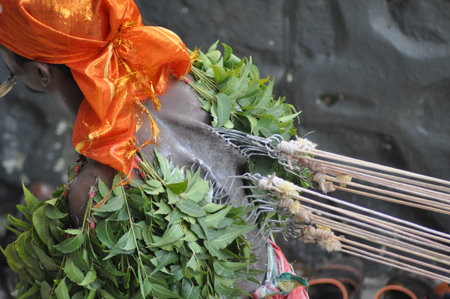 Birds eye view of a hinu devotee in a thaipusam parade. He has hooks in his back and sprigs of herbs...