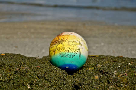 A perspective shot of a beach volleyball ball on a barnacled rocky outcrop on a sandy sea shore.の写真素材