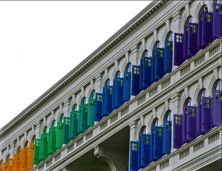 SINGAPORE - JULY 15, 2019 - Colourful wooden shutters on the restored colonial building, formerly the Hill Street Police station.のeditorial素材