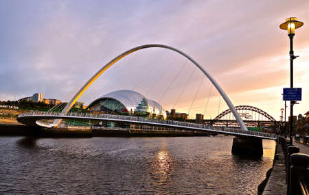 September 2018: The Sage, Newcastle. The Sage theatre and Millenium bridge at sundown time.のeditorial素材