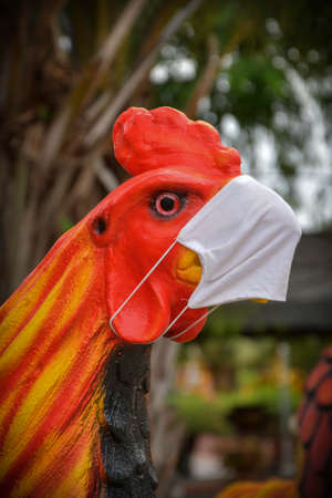 A light hearted image of a statue of a rooster wearing a Covid 19 facemask.の写真素材