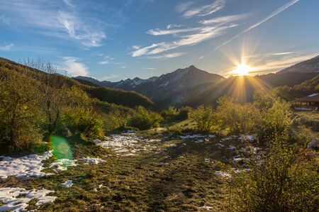 Beautiful sunset in the end of autumn in the area of Sajambre in Picos de Europa, Leon (Spain).の写真素材