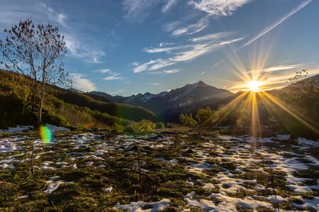 Beautiful sunset in the end of autumn in the area of Sajambre in Picos de Europa, Leon (Spain).の写真素材