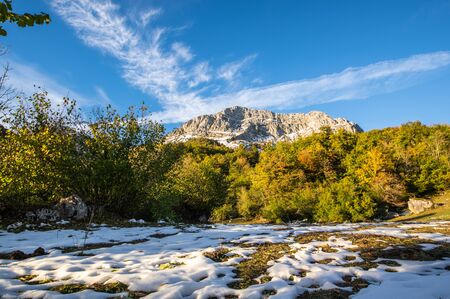 Beautiful sunset in the end of autumn in the area of Sajambre in Picos de Europa, Leon (Spain).の写真素材