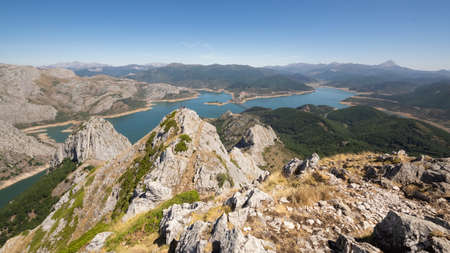 Views from Pico Gilbo to the town of RiaÃ±o with the reservoir, Leon Spainの写真素材