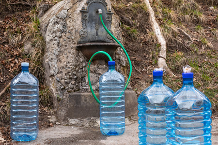 Plastic bottles ready to be filled with clean drinking water. Climate change. Drought. Water emergency.の写真素材