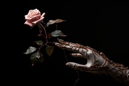Close up of a robotic hand delicately caressing a beautiful pink rose on a moody dark backgroundの素材