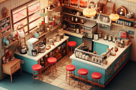 Lively Isometric Coffee Shop Illustration with Exquisite Details and an Array of Vibrant Rich Colorsの素材