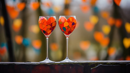 Abstract Geometric Wine Glasses on Valentines Day Red Background with Bokeh and Copy Spaceの素材