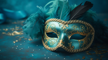 Vibrant Venetian Mask with Feathers on Blue Background, Captivating Close-Up Shot, Copy spaceの素材