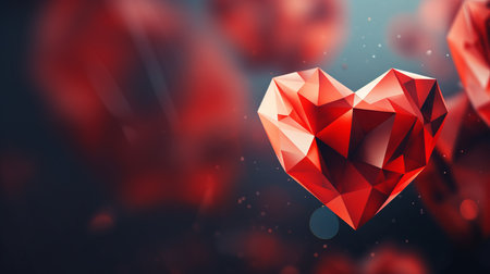 Geometric Fantasy Heart - Abstract 3D Render Valentines Day Red Background with Bokehの素材