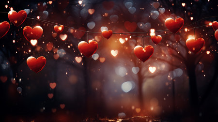 Geometric Fantasy Heart. Abstract 3D Render on Valentines Day Red Background with Bokehの素材