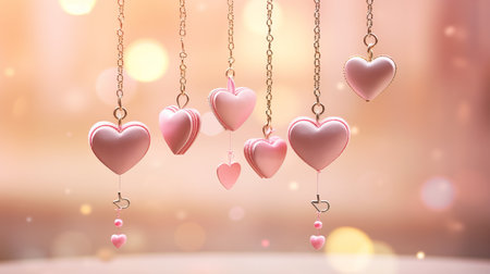 Abstract Geometric Fantasy Hearts Valentines Day 3D Pink Bokeh Background with Copy Spaceの素材