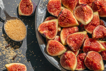 Figs cut into pieces on a plate close upの写真素材