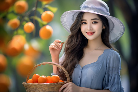 Beautiful Chinese woman holding a basket of fruits, smiling in garden with sunlight backgroundの素材