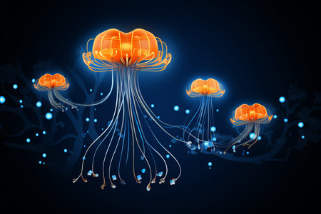 Fantasy jellyfish floating in vibrant neon colors against a serene blue sky - abstract artの素材