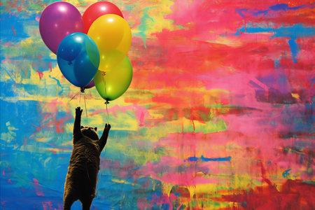 Funny cat flying with balloon in paw, simple geometric forms and neon watercolorsの素材