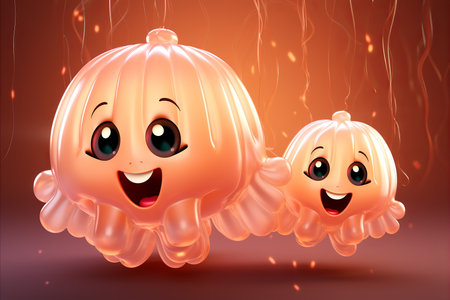 Two funny smiling fantasy jellyfish with big eyes, peach fuzz colors solid background, abstract 3dの素材