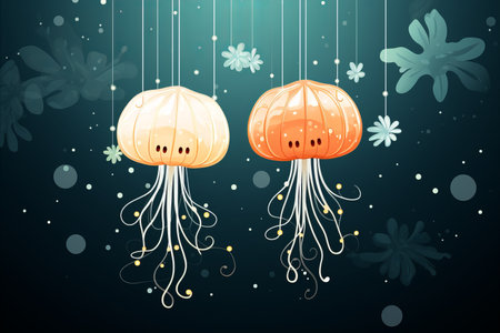 Colorful dancing jellyfish, funny fantasy creatures with big eyes on a solid blue backgroundの素材