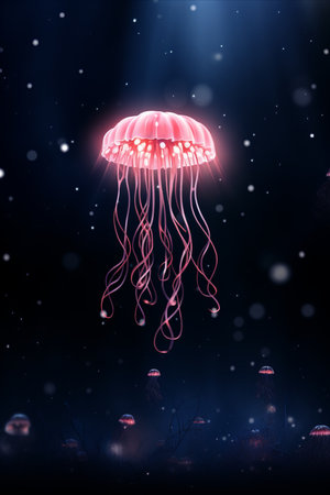 Colorful abstract, pink fuzz jellyfish floating in blue with serene fantasy vertical backgroundの素材