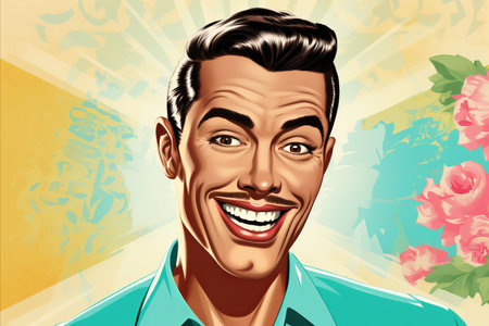 Retro Style Portrait of a Happy Man with a Charming Smile on a Vintage Backgroundの素材