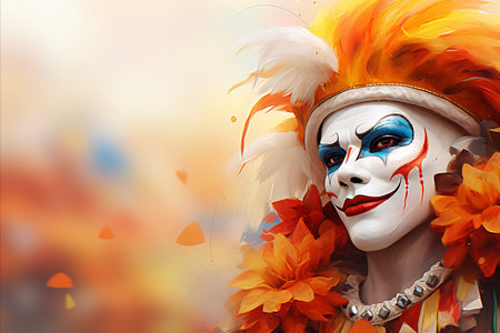 Close-Up Photo of Laughing Clown in Carnival Mask on Pastel Peach Fuzz Background with Copy Spaceの素材