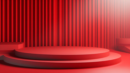 Modern pink oval pedestal podium with solid red backdrop, 3d rendering for interior designの素材