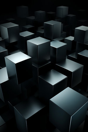 Abstract dark cube background with minimalist geometric shapes, ideal for web design and graphicsの素材
