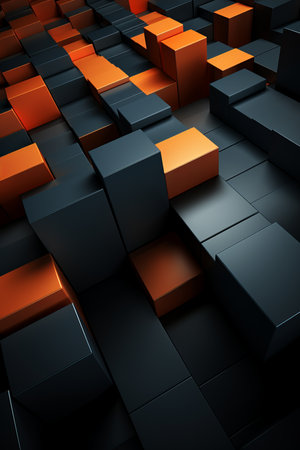 dark cube background with geometric shapes, abstract 3d illustration for vertical cover and web designの素材