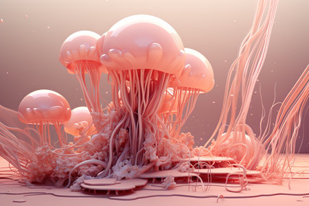 3d pink fuzz jellyfish abstract artwork, colorful 3d ocean creature detailed illustrationの素材