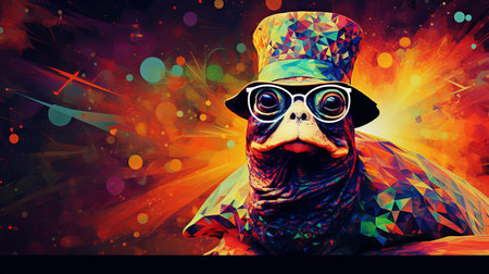 Cheerful turtle wearing oversized glasses and hot, drawing neon portrait close up, with copy spaceの素材