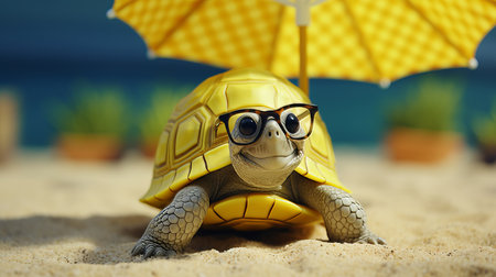Stylish 3d turtle sporting fashionable glasses on a tranquil sandy beach with a stunning sea viewの素材